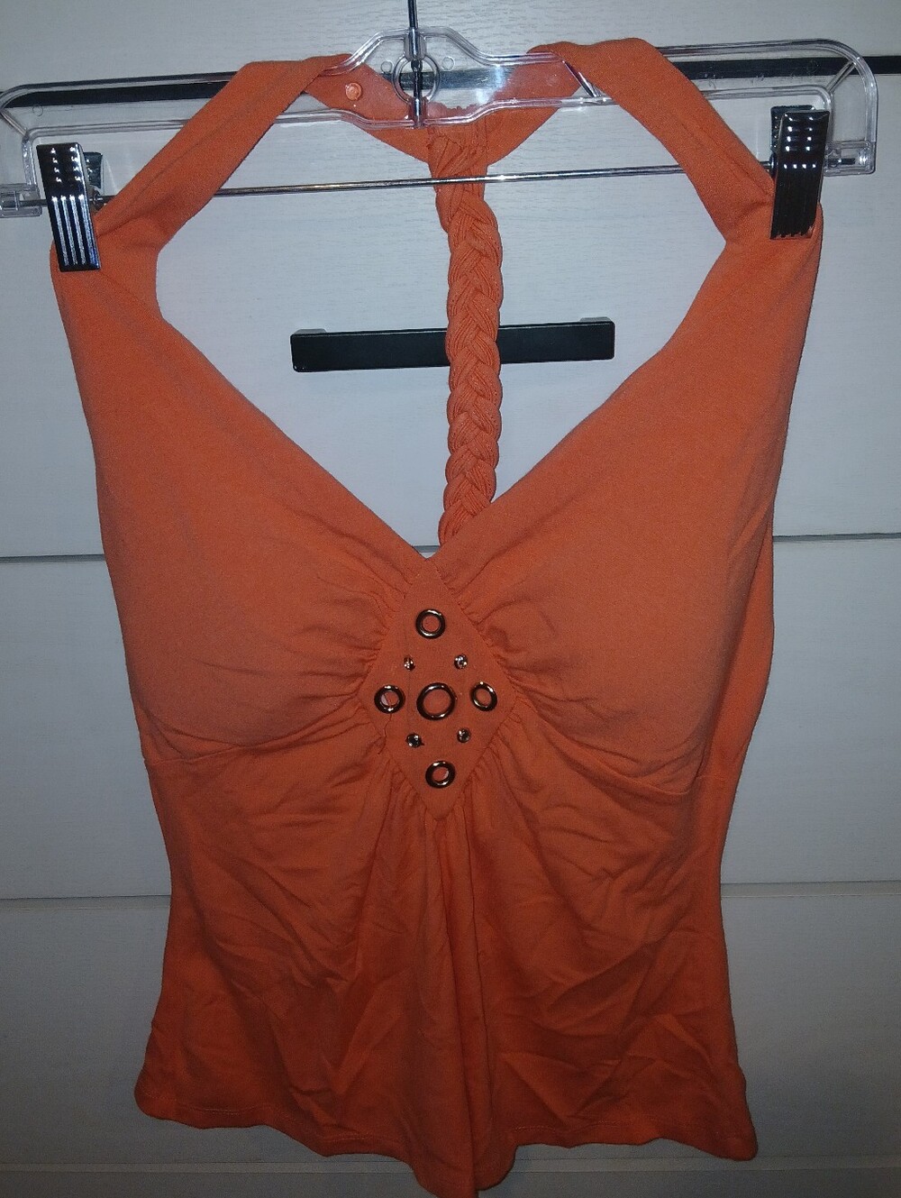 Cache Orange Braided-Halter Tank with Metal Ring Detail